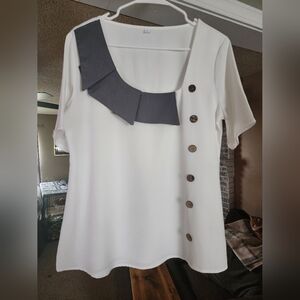 Soft White Blouse with wood buttons and gray collar drape